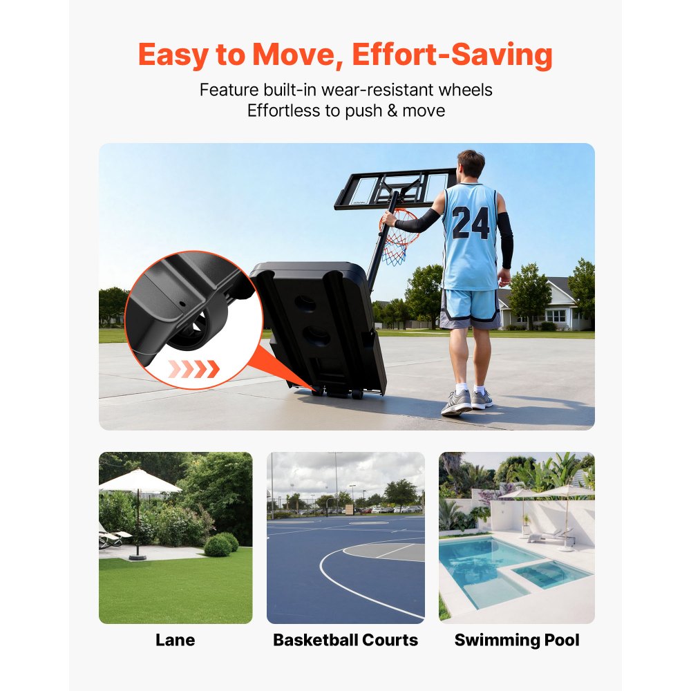 VEVOR Portable Basketball Stand, 4.4 ft to 10 ft Height Adjustment Basketball Hoop & Goal, Adjustable Basketballs Goal System with Built-in Rolling Wheels for Kids, Teens, Adults in Driveways, Pools