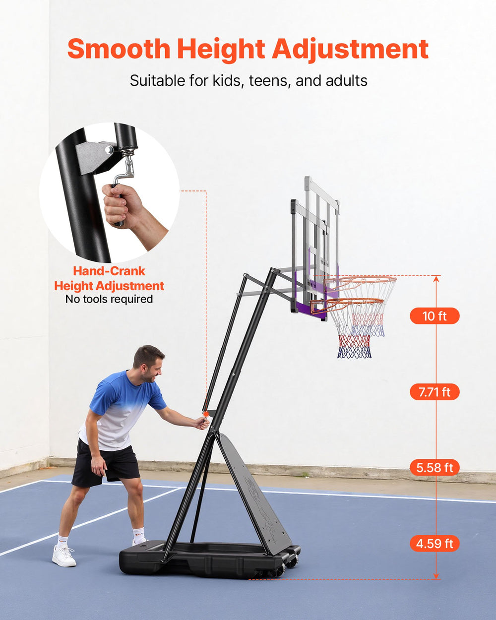 VEVOR Portable Basketball Stand, 10 ft Height Adjustment Basketball Hoop & Goal, Basketballs Hoop Outdoor with 48 inch PC Backboard for Kids, Adults in Schools, Parks, Indoor & Outdoor Use