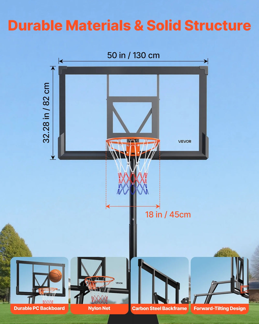 VEVOR Portable Basketball Stand, 10 ft Height Adjustment Basketball Hoop & Goal, Basketballs Hoop Outdoor with 50 inch PC Backboard for Kids, Adults in Schools, Parks, Indoor & Outdoor Use