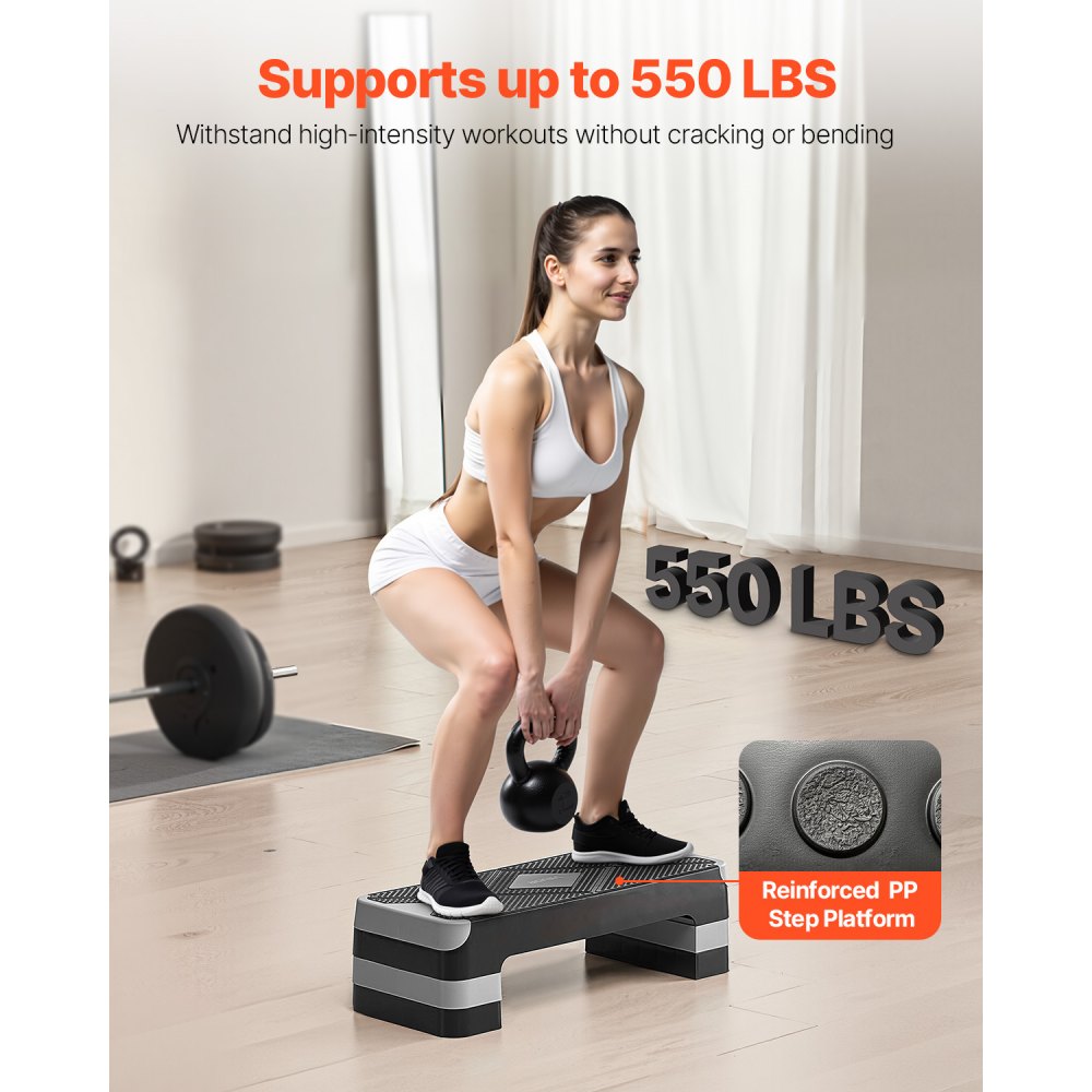 VEVOR Aerobic Exercise Step Platform, 28-Inch Workout Aerobic Stepper, Height Adjustable Fitness Training Step Deck Trainer with 4 Risers, Non-Slip Surface Bench for Home Gym Cardio Strength, Gray