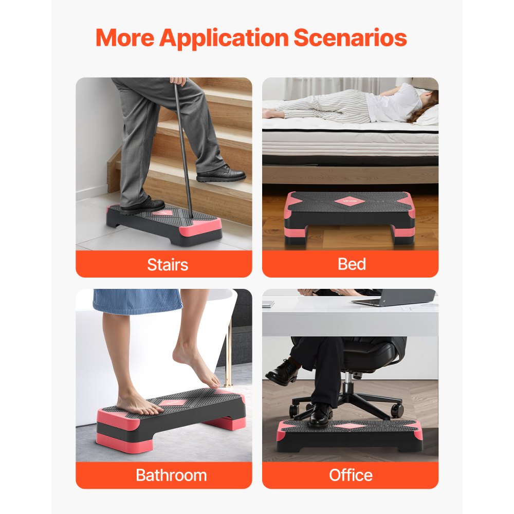 VEVOR Aerobic Exercise Step Platform, 28-Inch Workout Aerobic Stepper, Height Adjustable Fitness Training Step Deck Trainer with 4 Risers, Non-Slip Surface Bench for Home Gym Cardio Strength, Red