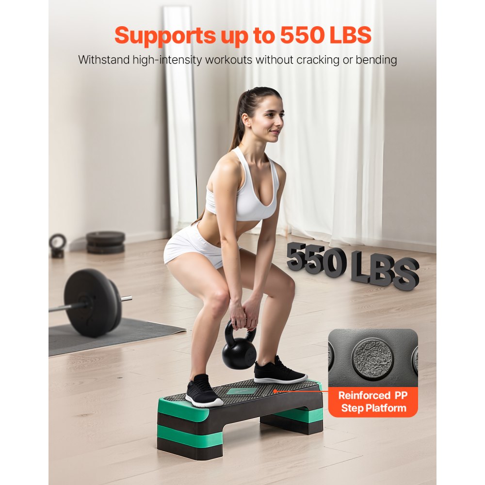 VEVOR Aerobic Exercise Step Platform, 28-Inch Workout Aerobic Stepper, Height Adjustable Fitness Training Step Deck Trainer with 4 Risers, Non-Slip Surface Bench for Home Gym Cardio Strength, Green