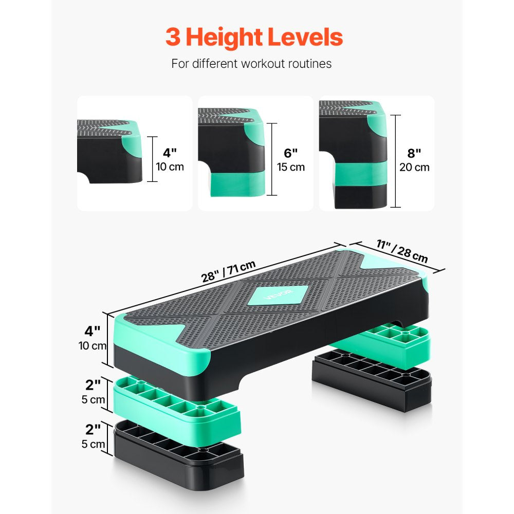 VEVOR Aerobic Exercise Step Platform, 28-Inch Workout Aerobic Stepper, Height Adjustable Fitness Training Step Deck Trainer with 4 Risers, Non-Slip Surface Bench for Home Gym Cardio Strength, Green