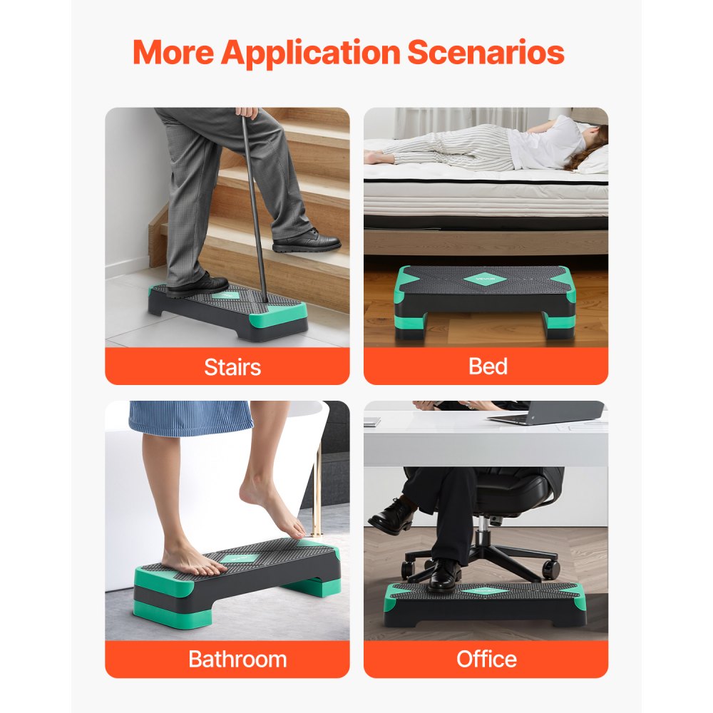 VEVOR Aerobic Exercise Step Platform, 28-Inch Workout Aerobic Stepper, Height Adjustable Fitness Training Step Deck Trainer with 4 Risers, Non-Slip Surface Bench for Home Gym Cardio Strength, Green