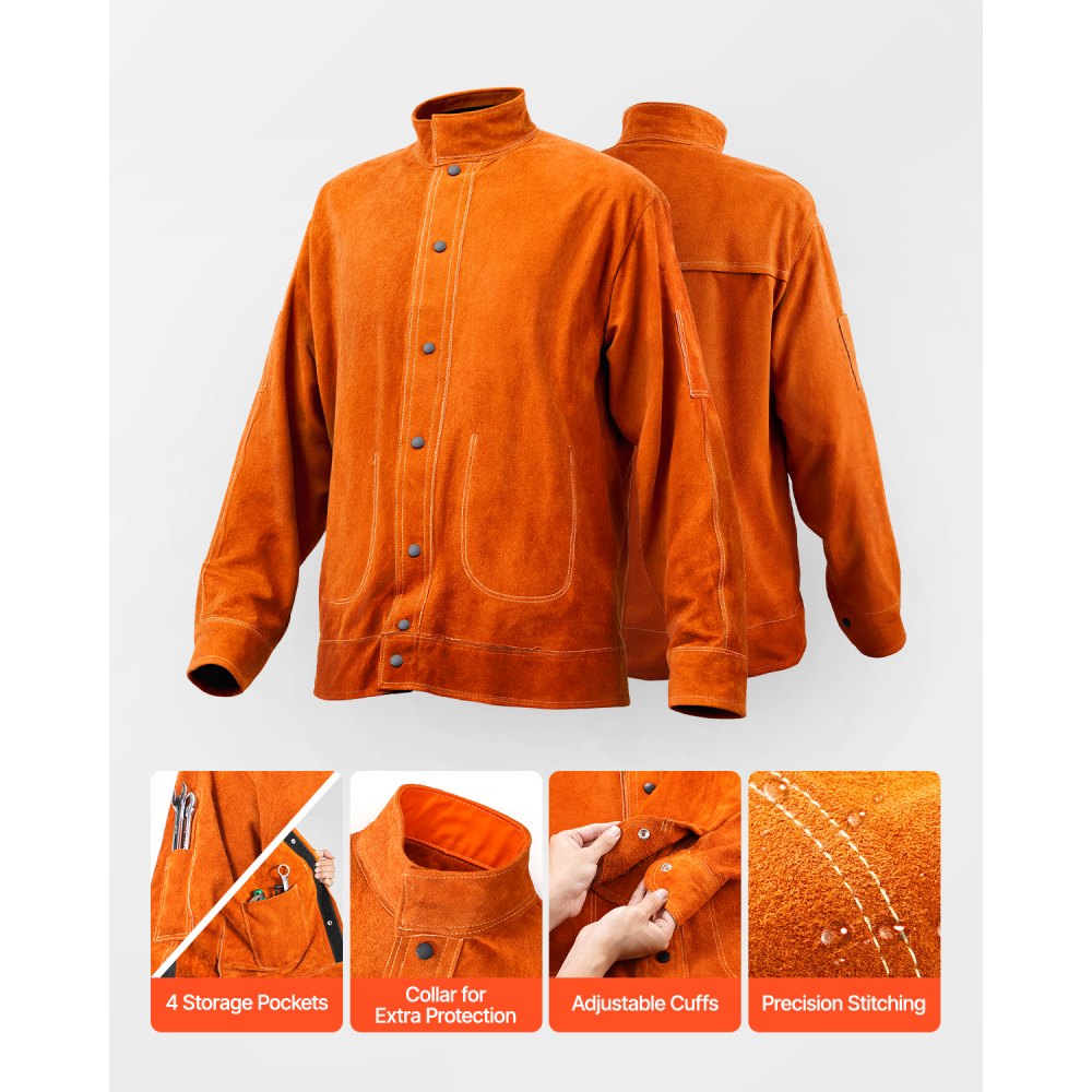 VEVOR Leather Welding Jacket, Heavy Duty Cowhide Flame Resistant Welding Coat, Waterproof Heat-Resistant Safety Jacket with 4 Pockets & Adjustable Cuffs for Welders Steelworks - L Size