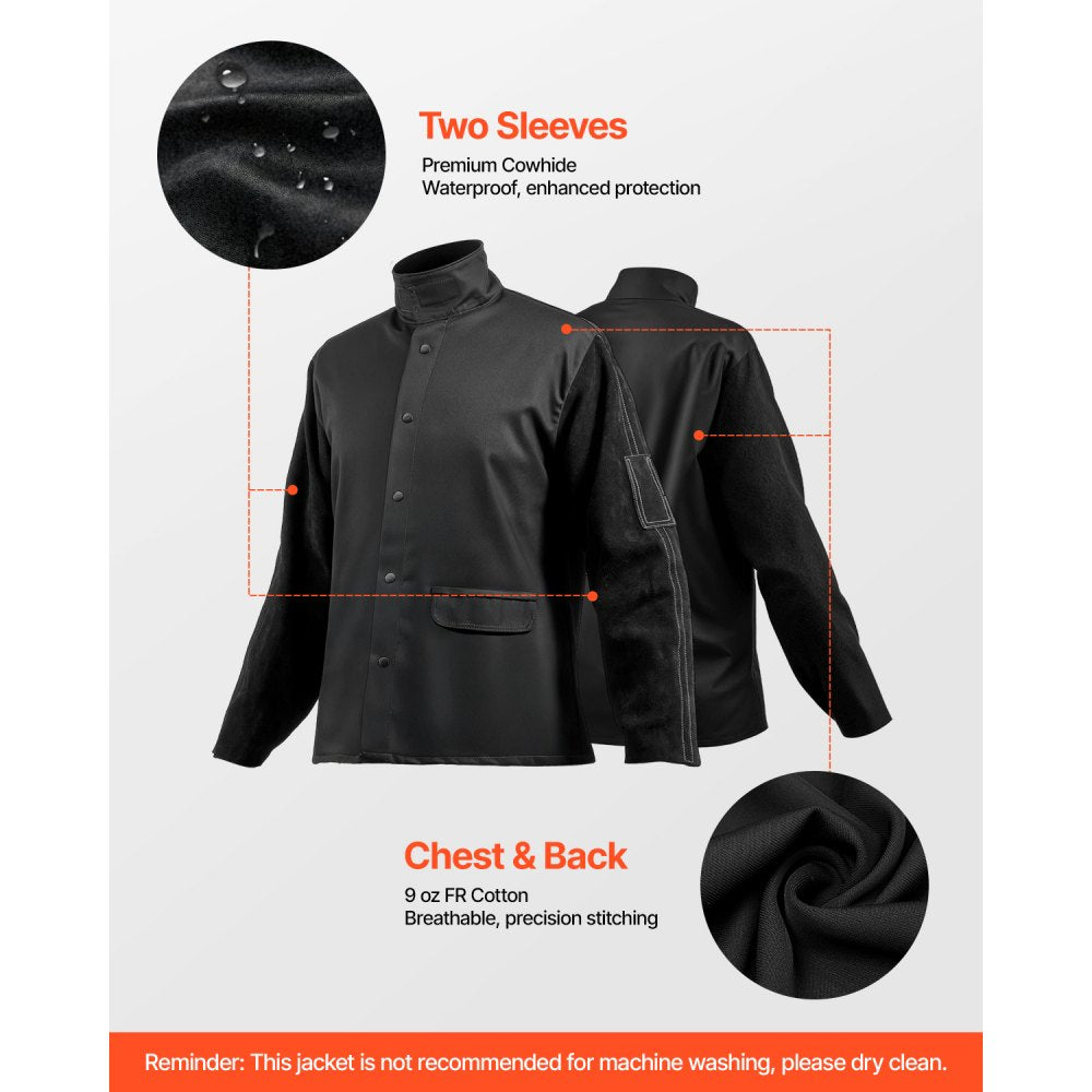 VEVOR Flame Resistant Welding Jacket, Heavy Duty Split Cowhide Leather Sleeves + 9 oz. FR Pure Cotton Body, Heat-Resistant Welding Safety Jacket for Welder Fitters - XXL Size