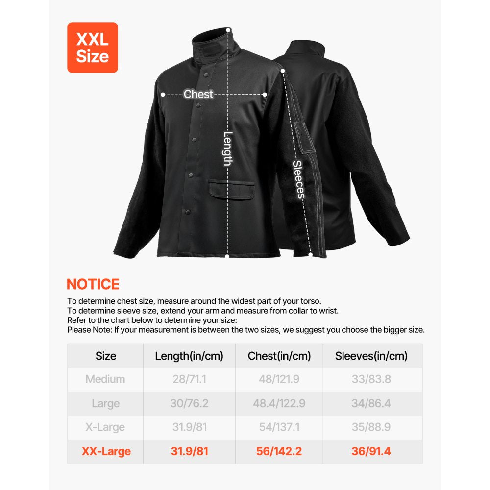 VEVOR Flame Resistant Welding Jacket, Heavy Duty Split Cowhide Leather Sleeves + 9 oz. FR Pure Cotton Body, Heat-Resistant Welding Safety Jacket for Welder Fitters - XXL Size