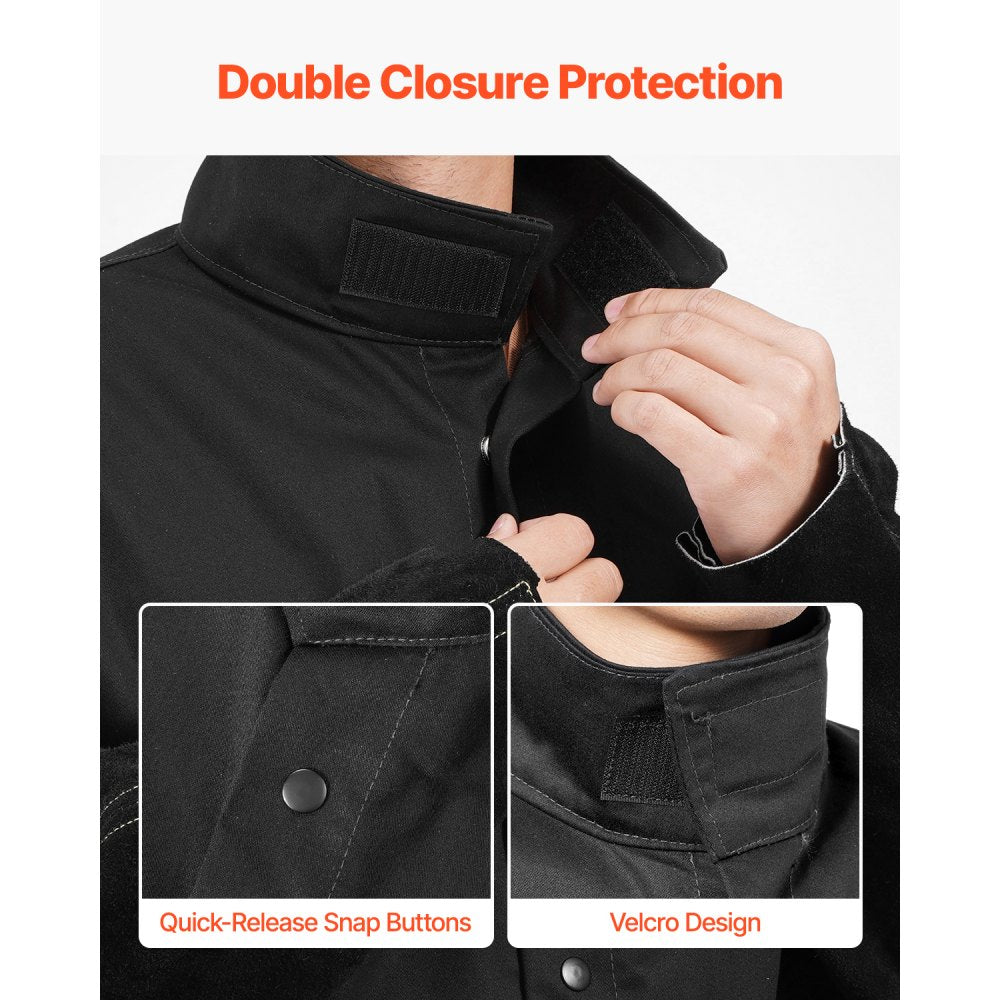VEVOR Flame Resistant Welding Jacket, Heavy Duty Split Cowhide Leather Sleeves + 9 oz. FR Pure Cotton Body, Heat-Resistant Welding Safety Jacket for Welder Fitters - M Size