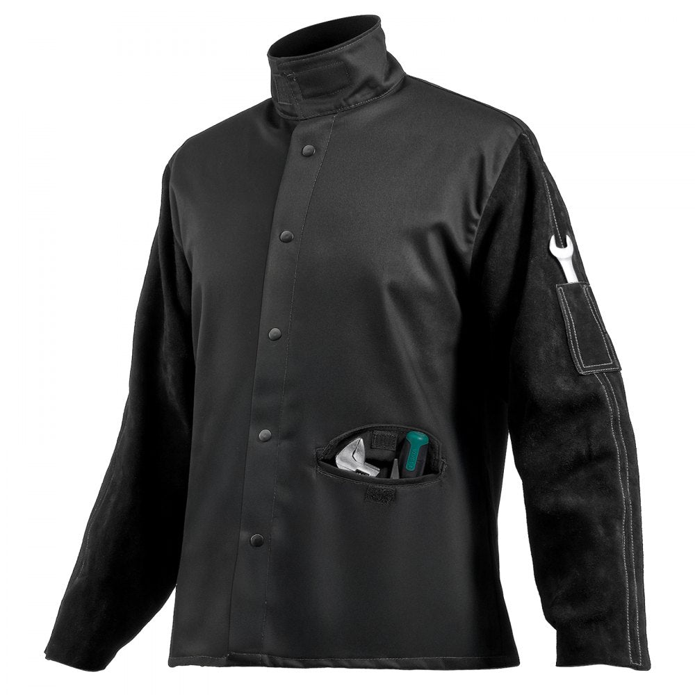 VEVOR Flame Resistant Welding Jacket, Heavy Duty Split Cowhide Leather Sleeves + 9 oz. FR Pure Cotton Body, Heat-Resistant Welding Safety Jacket for Welder Fitters - M Size