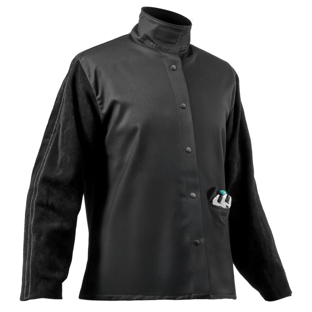 VEVOR Flame-Resistant Welding Jacket - L Size, Heavy Duty Split Cowhide Leather Sleeve + 9 oz. FR Cotton Body, Heat-Resistant Welding Safety Jacket with Snap Buttons & Pockets, Ideal for Welder Fitter