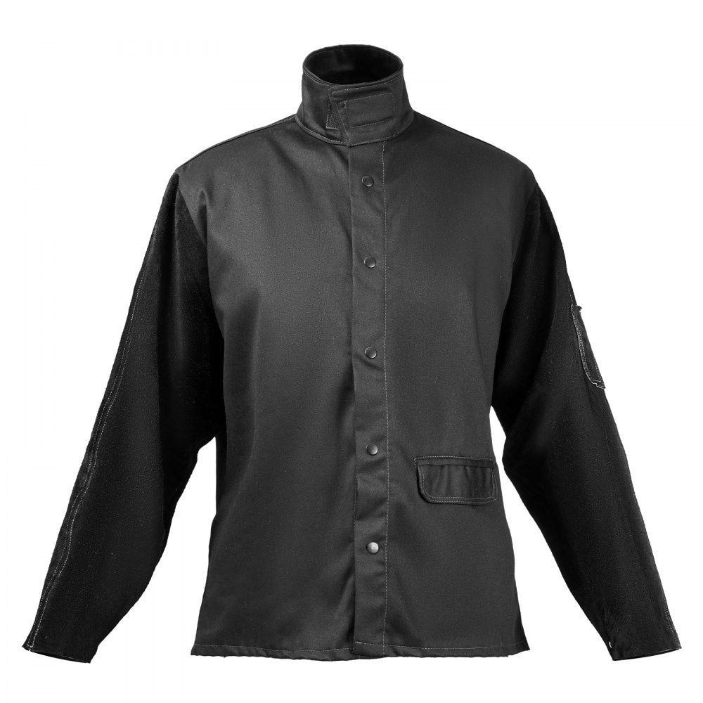 VEVOR Flame-Resistant Welding Jacket - L Size, Heavy Duty Split Cowhide Leather Sleeve + 9 oz. FR Cotton Body, Heat-Resistant Welding Safety Jacket with Snap Buttons & Pockets, Ideal for Welder Fitter