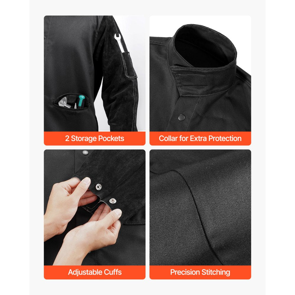 VEVOR Flame Resistant Welding Jacket, Heavy Duty Split Cowhide Leather Sleeves + 9 oz. FR Pure Cotton Body, Heat-Resistant Welding Safety Jacket for Welder Fitters - XL Size