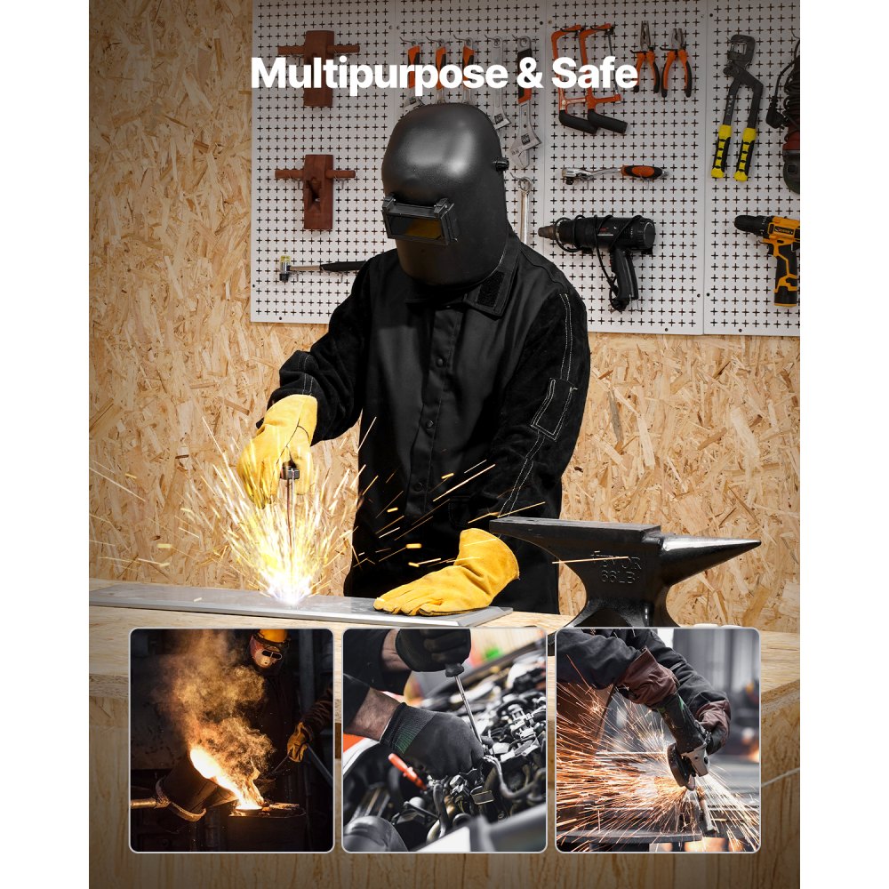 VEVOR Flame Resistant Welding Jacket, Heavy Duty Split Cowhide Leather Sleeves + 9 oz. FR Pure Cotton Body, Heat-Resistant Welding Safety Jacket for Welder Fitters - XL Size
