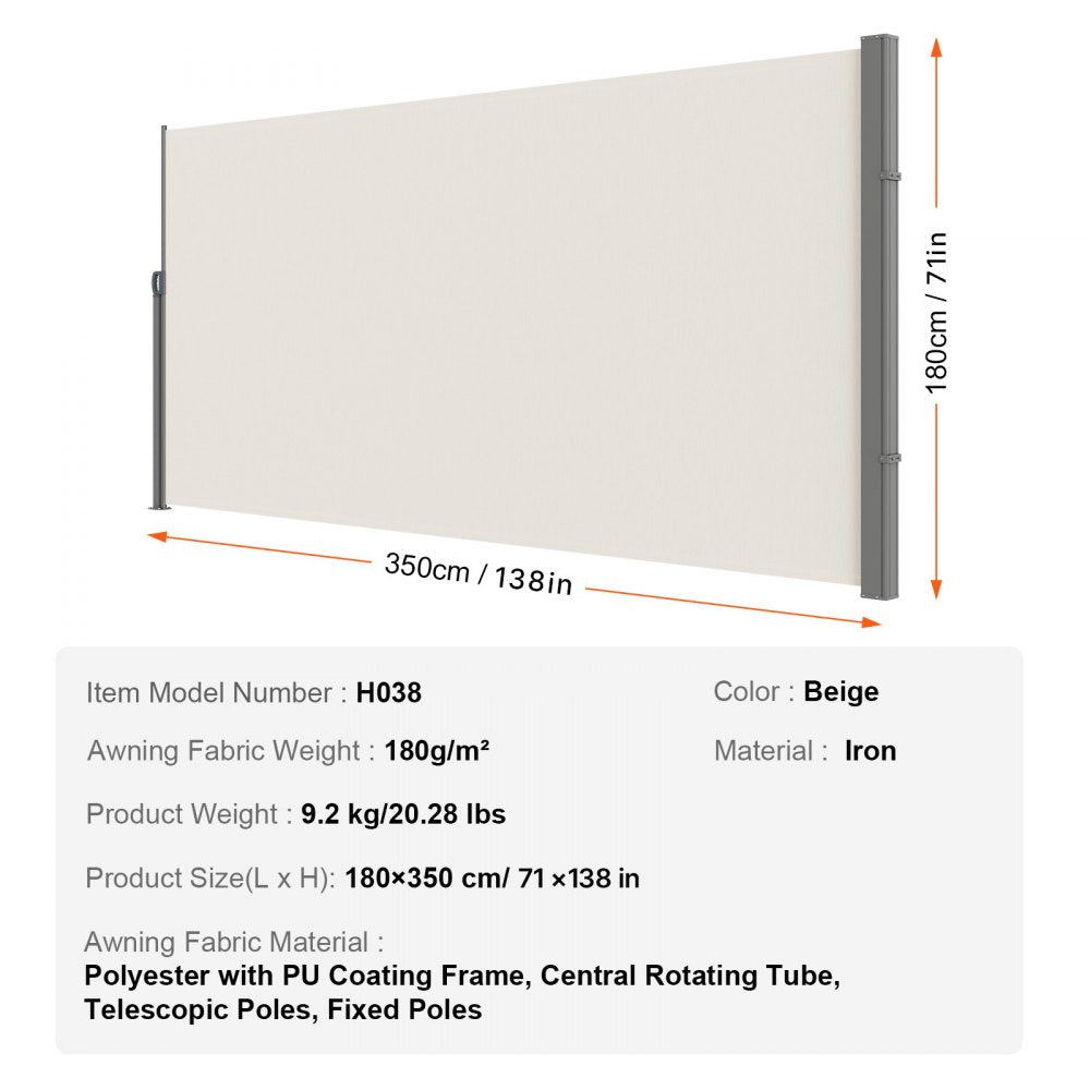 VEVOR Retractable Side Awning, 71''x 138'' Outdoor Privacy Screen, 180g Polyester Water-proof Retractable Patio Screen, UV 30+ Room Divider Wind Screen for Patio, Backyard, Balcony, Beige