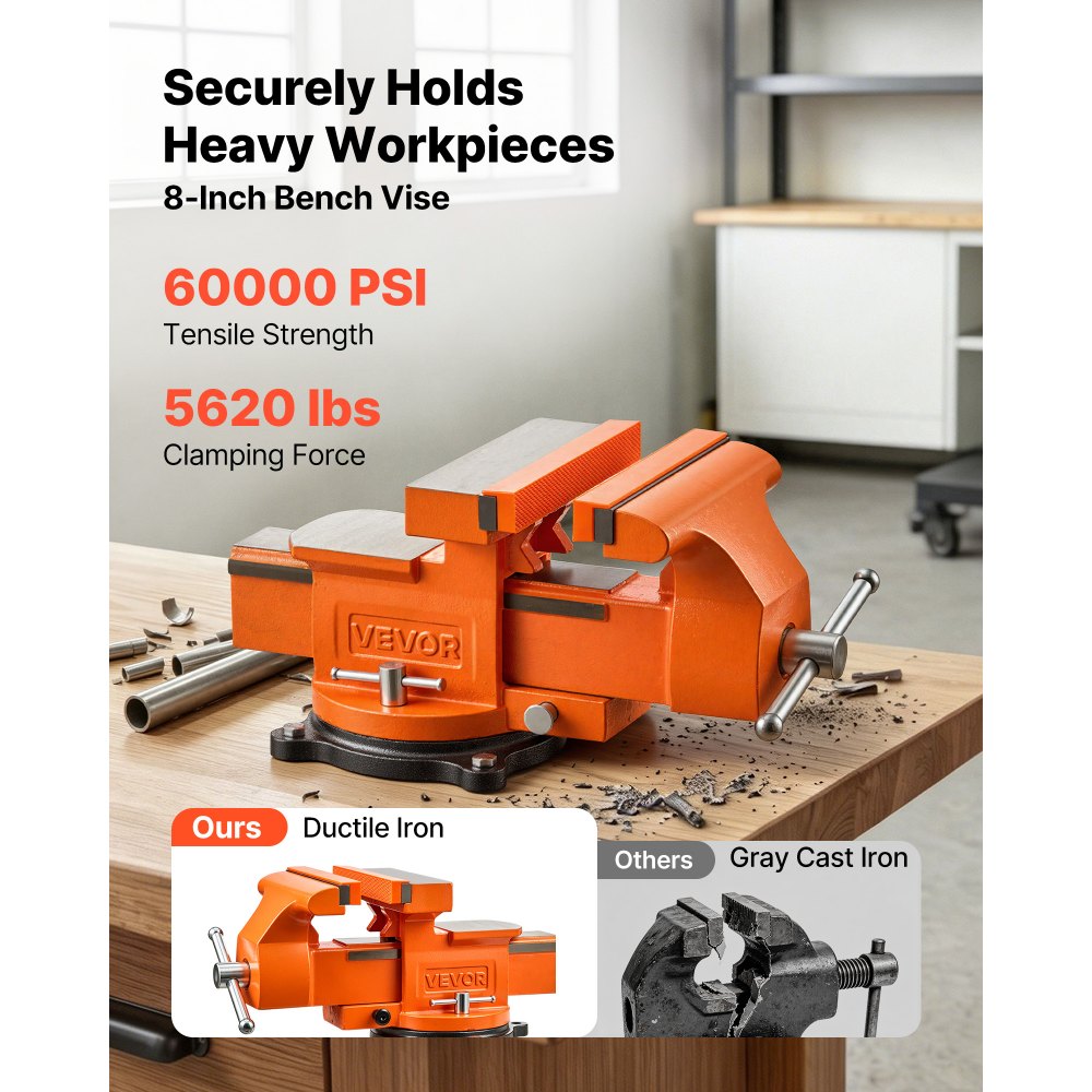 VEVOR Heavy Duty Bench Vise, 8" Jaw Width, Multi-Purpose Ductile Iron Bench Vise with Anvil and 360-Degree Locking Swivel Base, 2.95" Throat Depth, 8" Max Jaw Opening, for Drilling, Pipe Cutting
