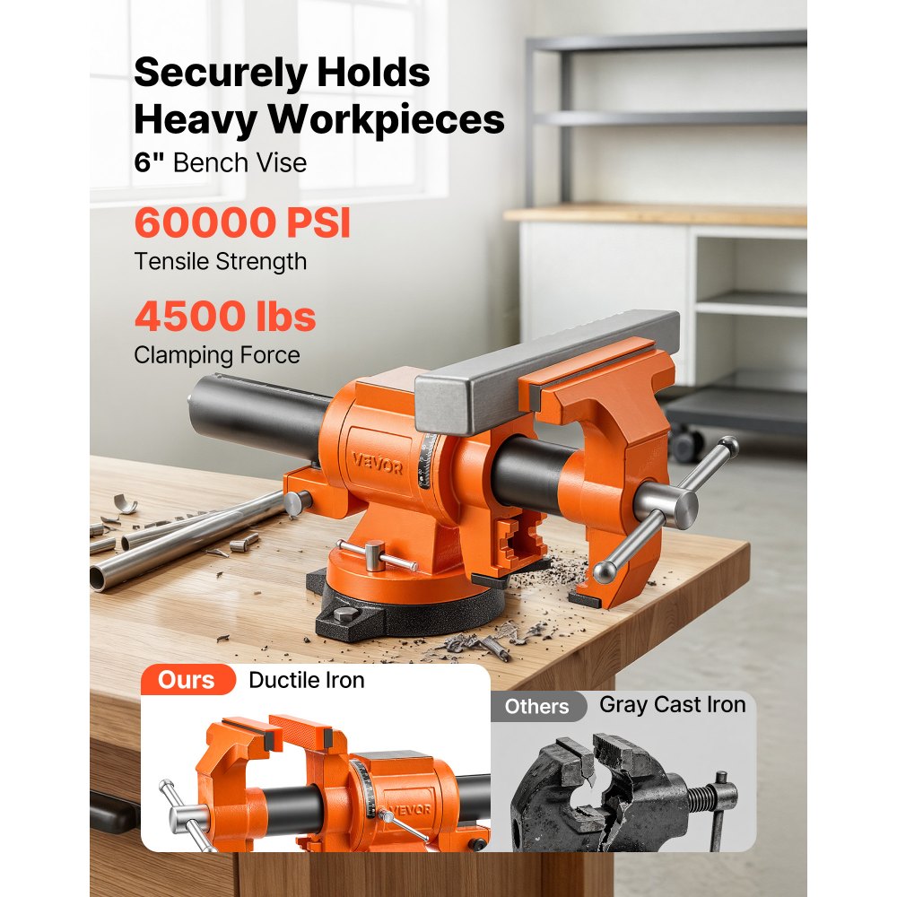 VEVOR Heavy Duty Bench Vise, 6" Jaw Width, Double Swivel Rotating Multi-Purpose Bench Vise, with 360° Locking Swivel Base and Head, 2.8" Throat Depth, 6" Max Jaw Opening, for Drilling, Pipe Cutting