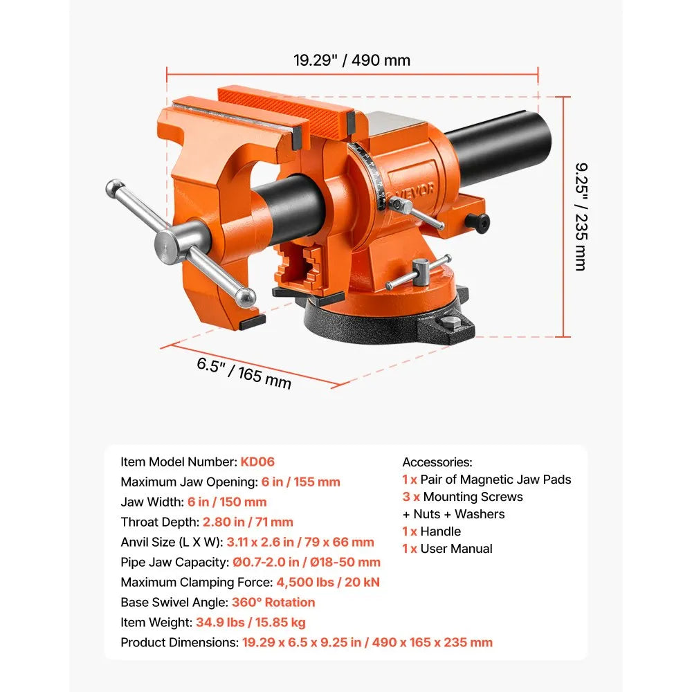 VEVOR Heavy Duty Bench Vise, 6" Jaw Width, Double Swivel Rotating Multi-Purpose Bench Vise, with 360° Locking Swivel Base and Head, 2.8" Throat Depth, 6" Max Jaw Opening, for Drilling, Pipe Cutting