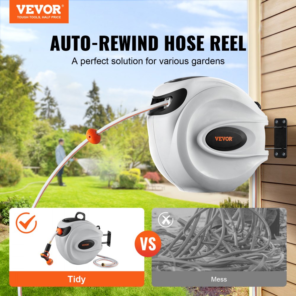VEVOR Retractable Hose Reel, 100 ft x 1/2 inch, 180° Swivel Bracket Wall-Mounted, Garden Water Hose Reel with 9-Pattern Nozzle, Automatic Rewind, Lock at Any Length, and Slow Return System