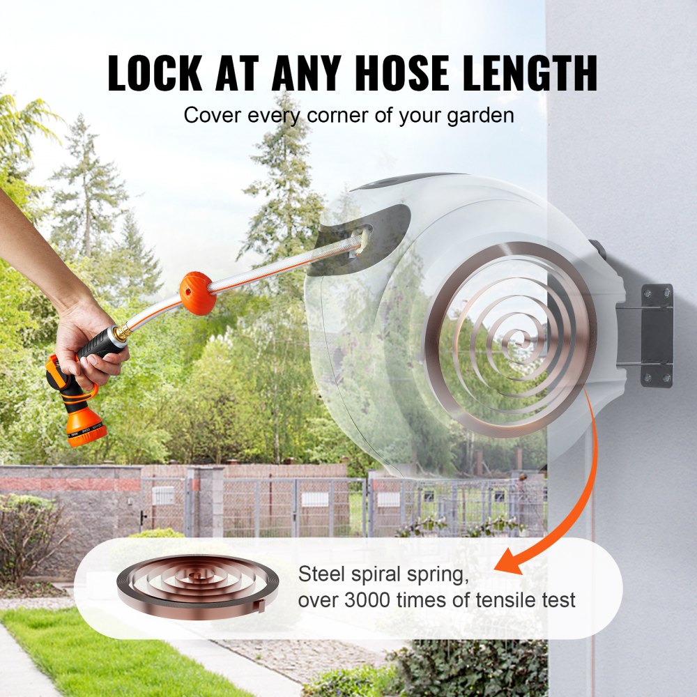 VEVOR Retractable Hose Reel, 100 ft x 1/2 inch, 180° Swivel Bracket Wall-Mounted, Garden Water Hose Reel with 9-Pattern Nozzle, Automatic Rewind, Lock at Any Length, and Slow Return System