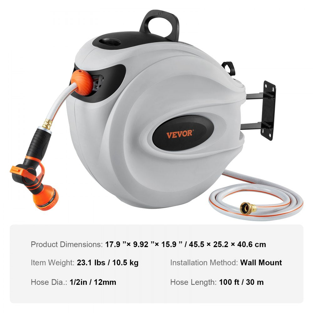 VEVOR Retractable Hose Reel, 100 ft x 1/2 inch, 180° Swivel Bracket Wall-Mounted, Garden Water Hose Reel with 9-Pattern Nozzle, Automatic Rewind, Lock at Any Length, and Slow Return System