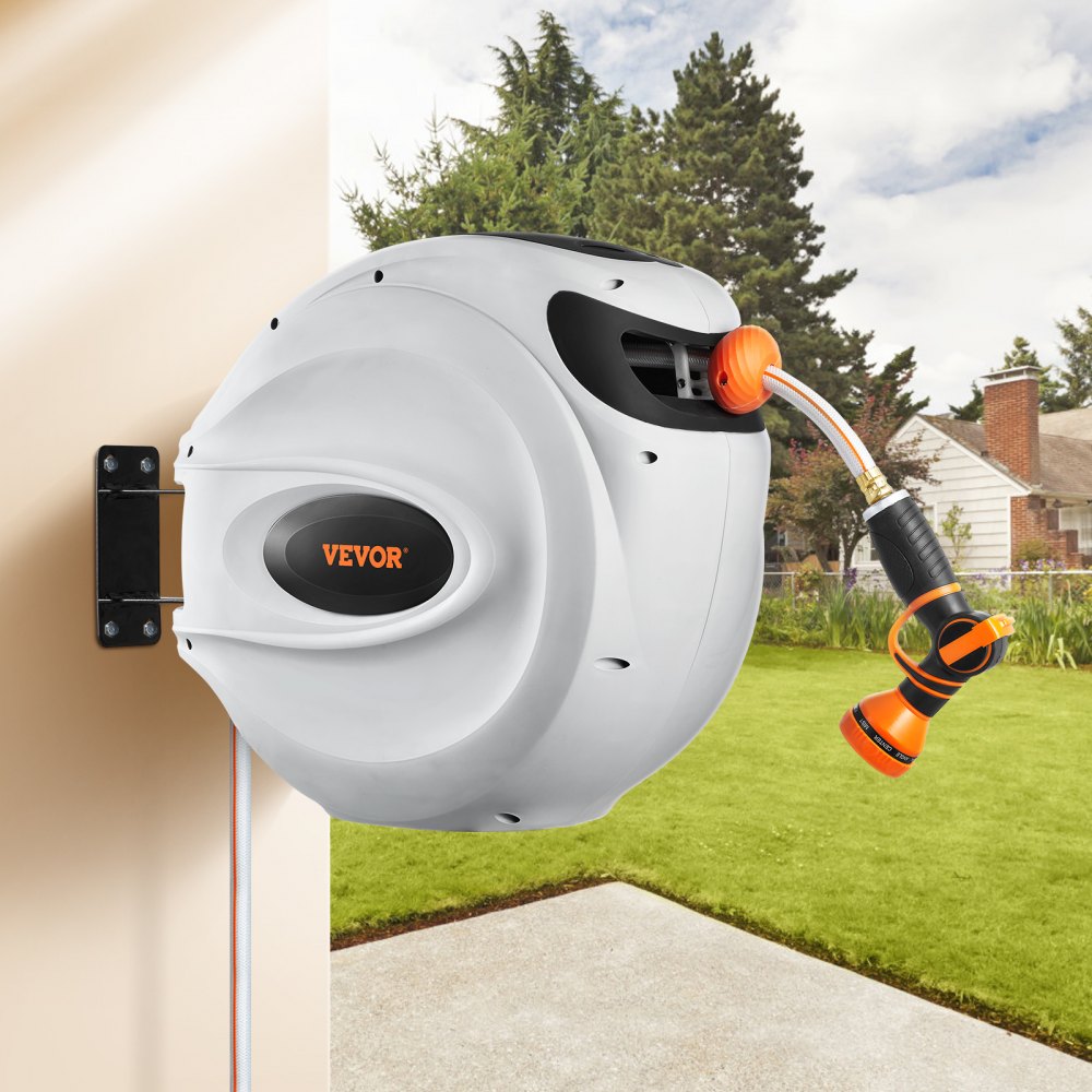 VEVOR Retractable Hose Reel, 100 ft x 1/2 inch, 180° Swivel Bracket Wall-Mounted, Garden Water Hose Reel with 9-Pattern Nozzle, Automatic Rewind, Lock at Any Length, and Slow Return System