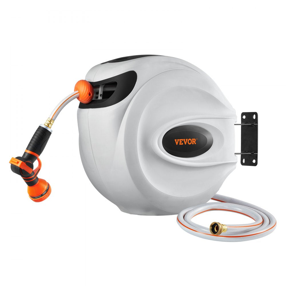VEVOR Retractable Hose Reel, 100 ft x 1/2 inch, 180° Swivel Bracket Wall-Mounted, Garden Water Hose Reel with 9-Pattern Nozzle, Automatic Rewind, Lock at Any Length, and Slow Return System