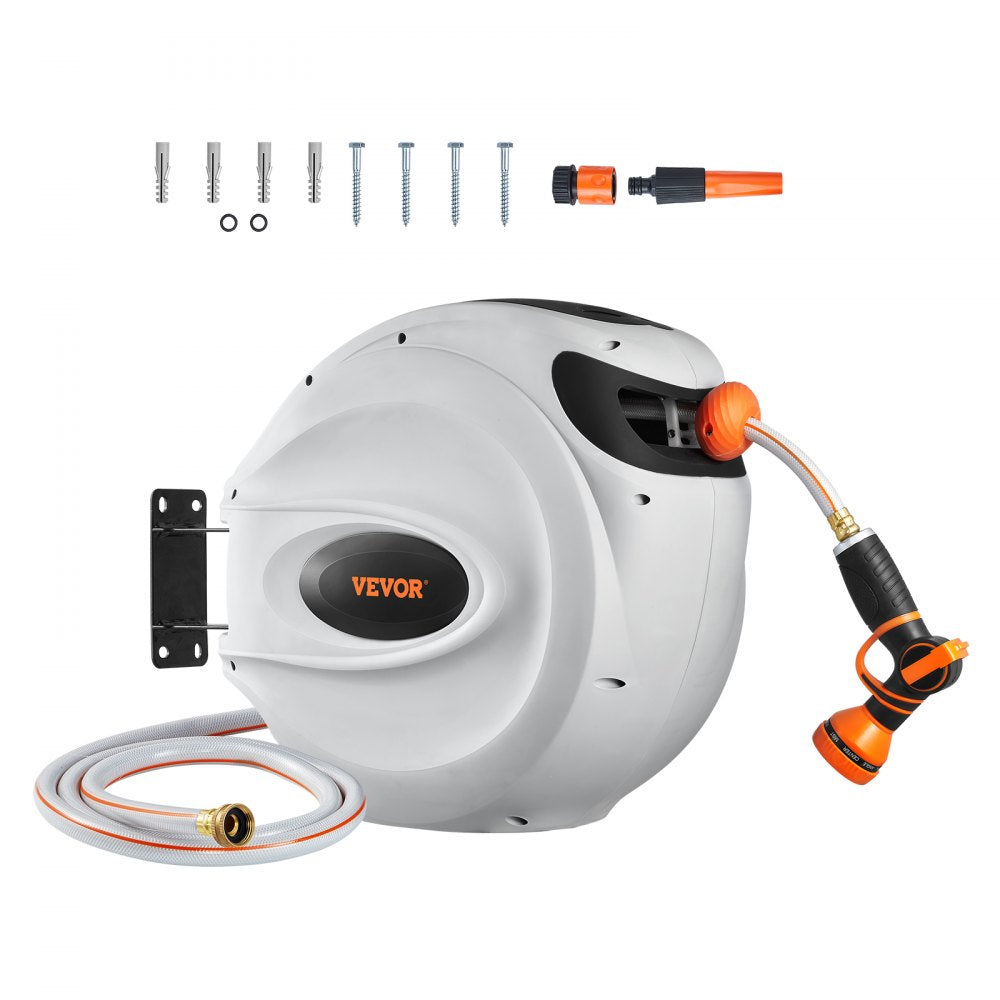 VEVOR Retractable Hose Reel, 100 ft x 1/2 inch, 180° Swivel Bracket Wall-Mounted, Garden Water Hose Reel with 9-Pattern Nozzle, Automatic Rewind, Lock at Any Length, and Slow Return System