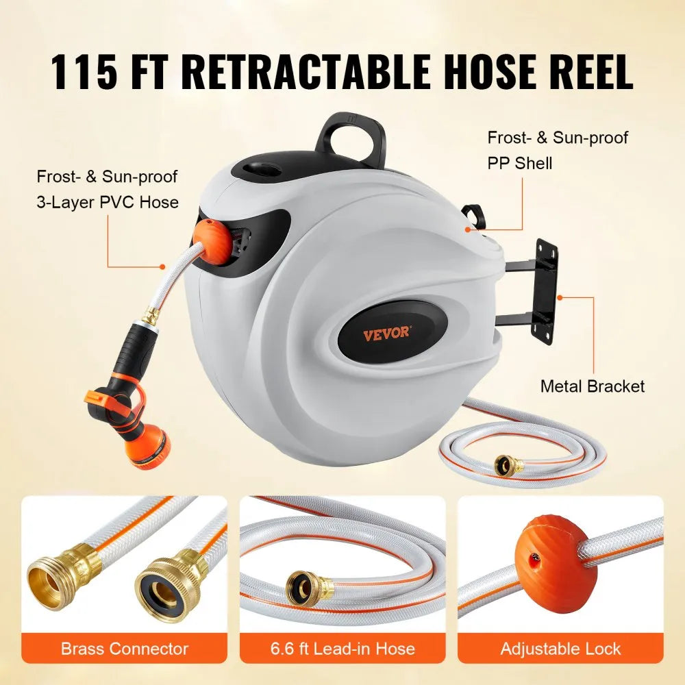 VEVOR Retractable Hose Reel, 115 ft x 1/2 inch, 180° Swivel Bracket Wall-Mounted, Garden Water Hose Reel with 9-Pattern Nozzle, Automatic Rewind, Lock at Any Length, and Slow Return System