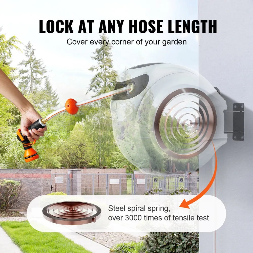 VEVOR Retractable Hose Reel, 130 ft x 1/2 inch, 180° Swivel Bracket Wall-Mounted, Garden Water Hose Reel with 9-Pattern Nozzle, Automatic Rewind, Lock at Any Length, and Slow Return System