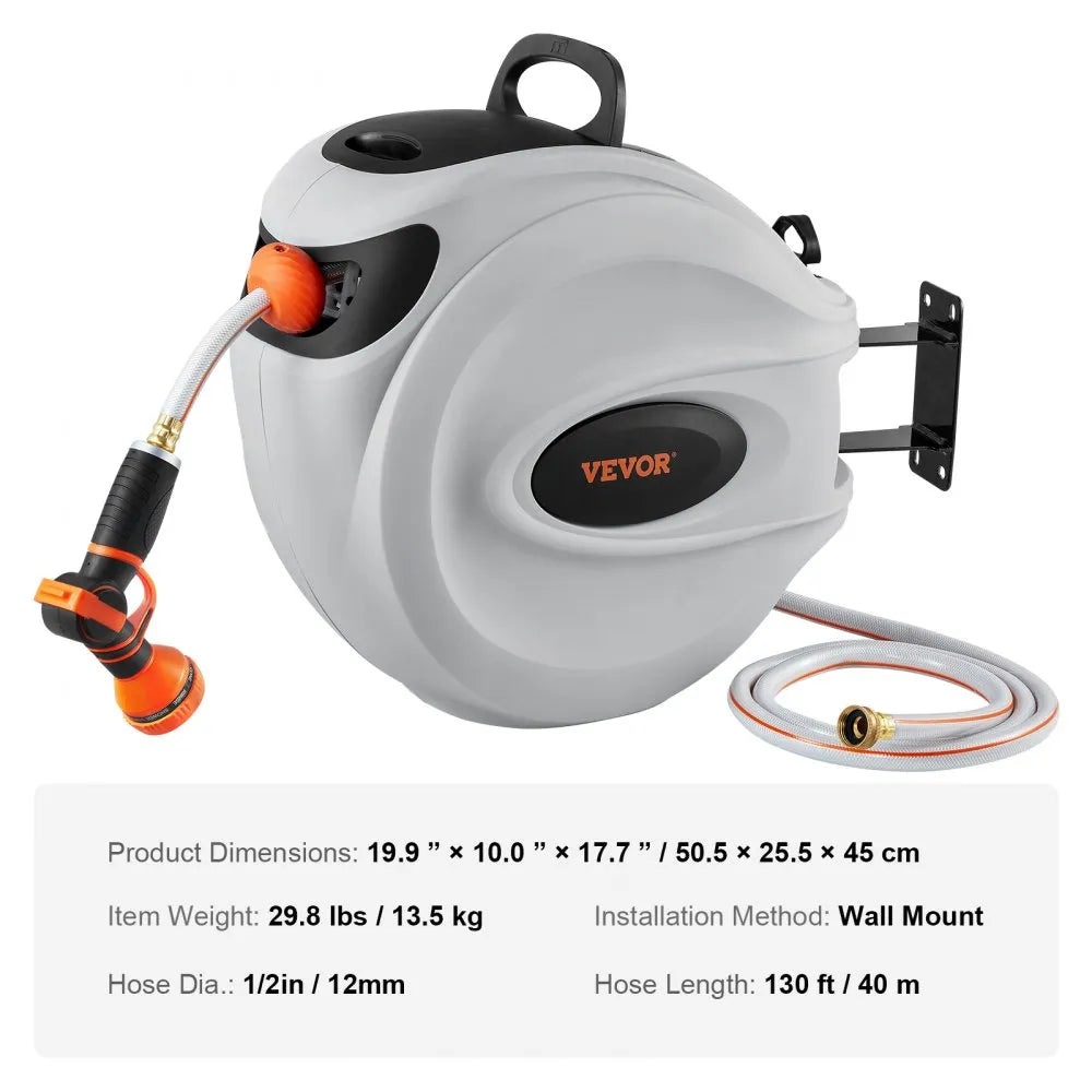 VEVOR Retractable Hose Reel, 130 ft x 1/2 inch, 180° Swivel Bracket Wall-Mounted, Garden Water Hose Reel with 9-Pattern Nozzle, Automatic Rewind, Lock at Any Length, and Slow Return System