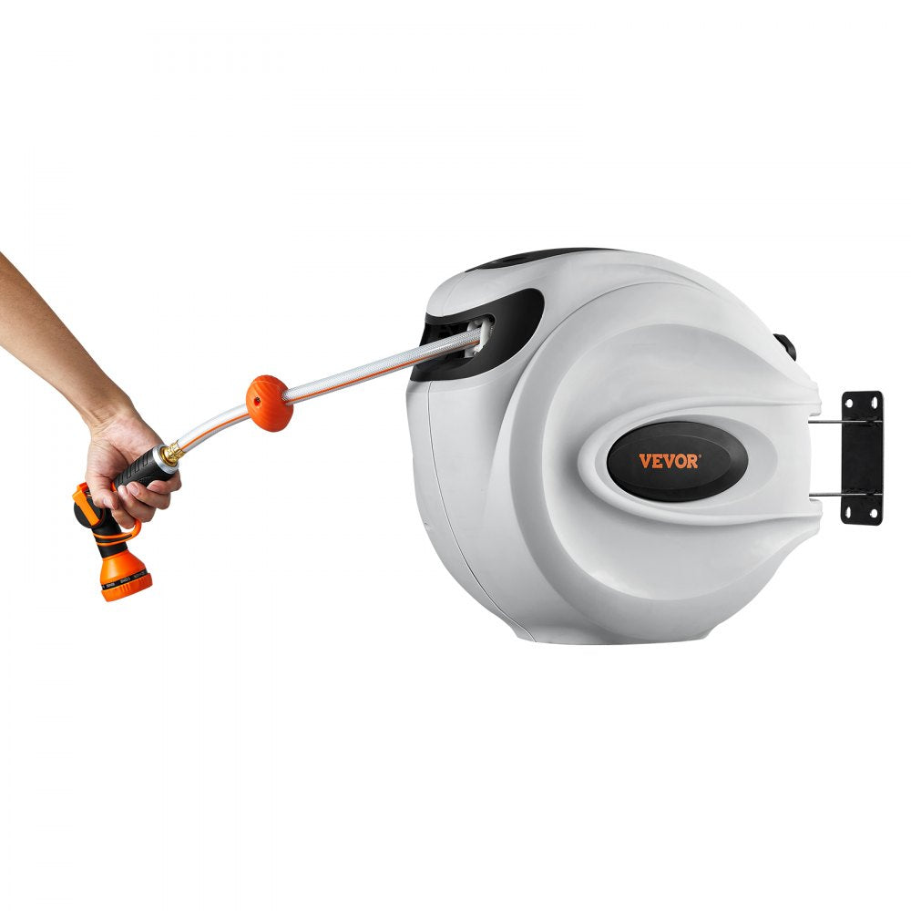 VEVOR Retractable Hose Reel, 130 ft x 1/2 inch, 180° Swivel Bracket Wall-Mounted, Garden Water Hose Reel with 9-Pattern Nozzle, Automatic Rewind, Lock at Any Length, and Slow Return System