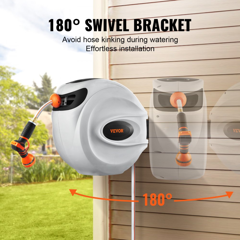 VEVOR Retractable Hose Reel, 65 ft x 5/8 inch, 180° Swivel Bracket Wall-Mounted, Garden Water Hose Reel with 9-Pattern Nozzle, Automatic Rewind, Lock at Any Length, and Slow Return System