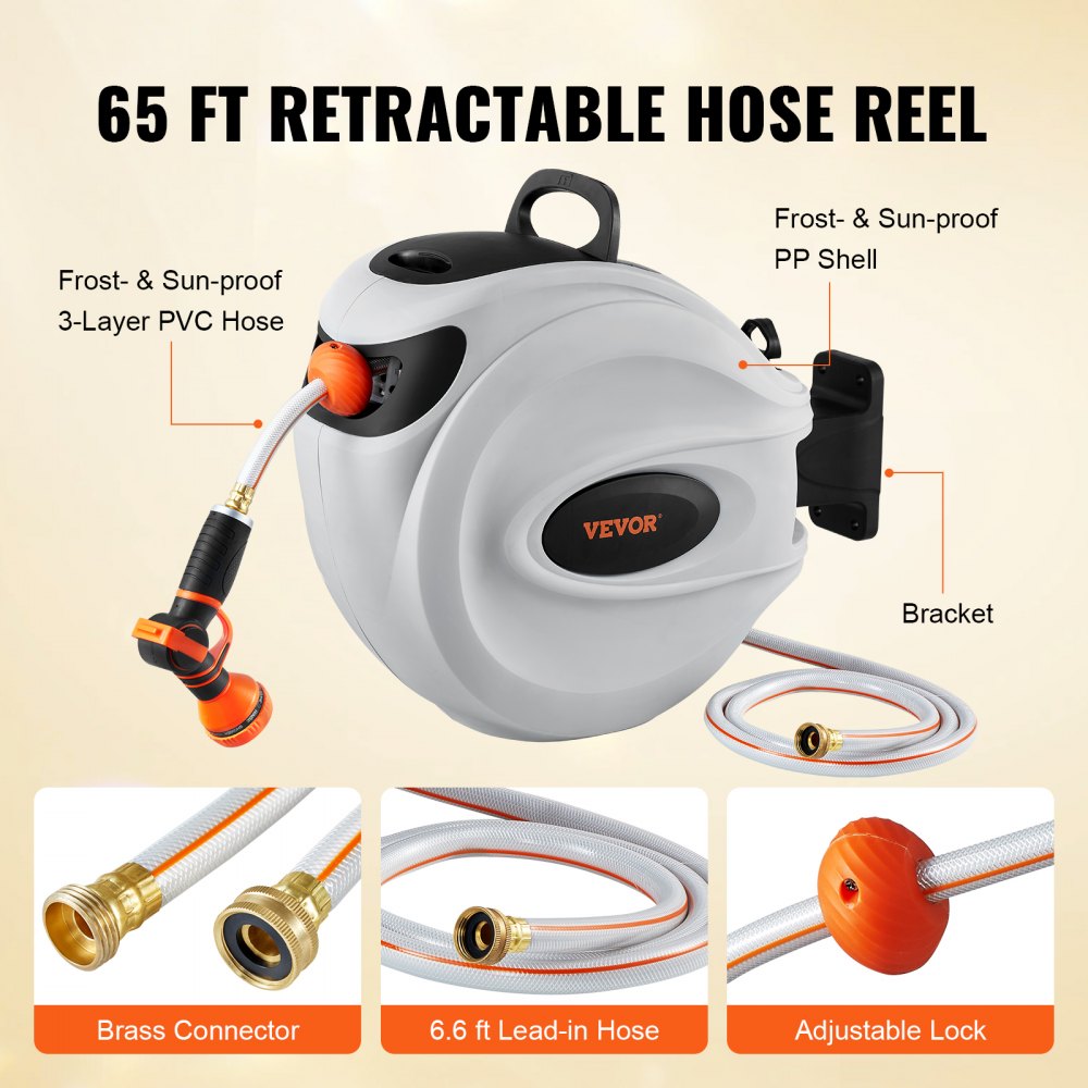 VEVOR Retractable Hose Reel, 65 ft x 5/8 inch, 180° Swivel Bracket Wall-Mounted, Garden Water Hose Reel with 9-Pattern Nozzle, Automatic Rewind, Lock at Any Length, and Slow Return System