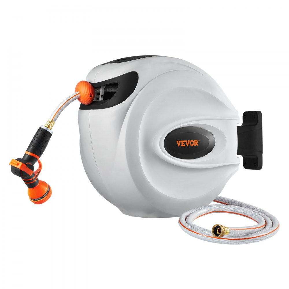 VEVOR Retractable Hose Reel, 65 ft x 5/8 inch, 180° Swivel Bracket Wall-Mounted, Garden Water Hose Reel with 9-Pattern Nozzle, Automatic Rewind, Lock at Any Length, and Slow Return System