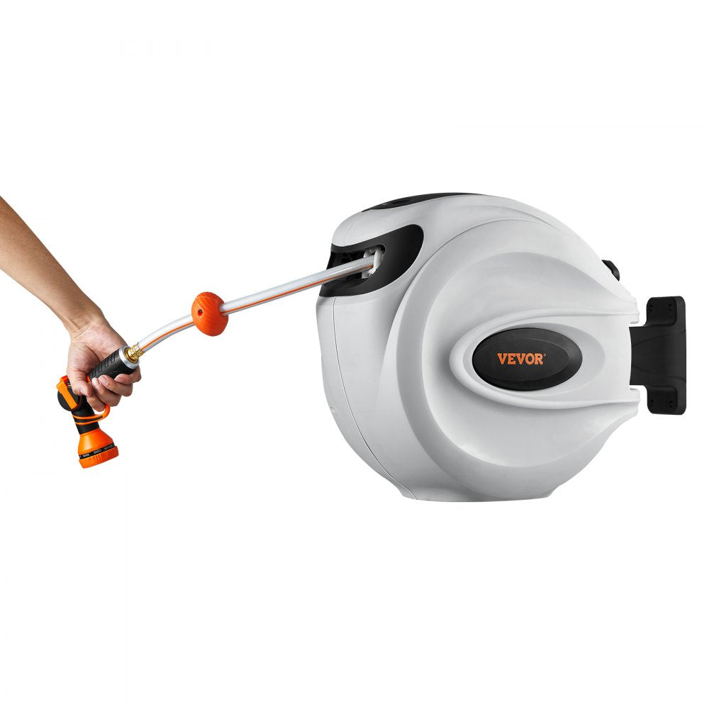VEVOR Retractable Hose Reel, 65 ft x 5/8 inch, 180° Swivel Bracket Wall-Mounted, Garden Water Hose Reel with 9-Pattern Nozzle, Automatic Rewind, Lock at Any Length, and Slow Return System