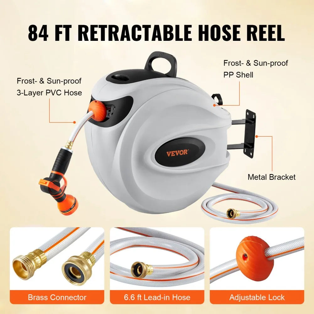 VEVOR Retractable Hose Reel, 84 ft x 5/8 inch, 180° Swivel Bracket Wall-Mounted, Garden Water Hose Reel with 9-Pattern Nozzle, Automatic Rewind, Lock at Any Length, and Slow Return System