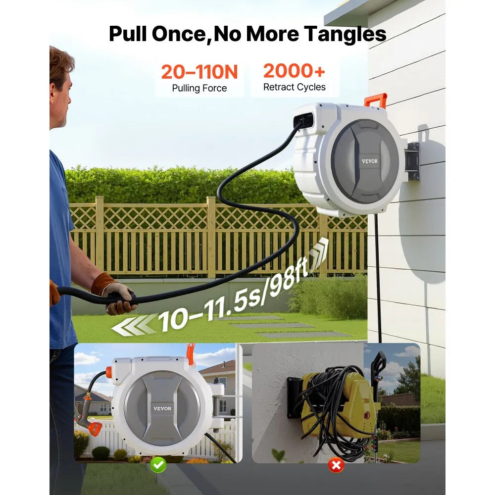 VEVOR Retractable Garden Hose Reel, 1/2 in x 130 ft, Wall Mounted Hose Reel with 9-Function Sprayer Nozzle and 180° Swivel Bracket, Any Length Lock, Automatic Slow Rewind System, for Garden Watering