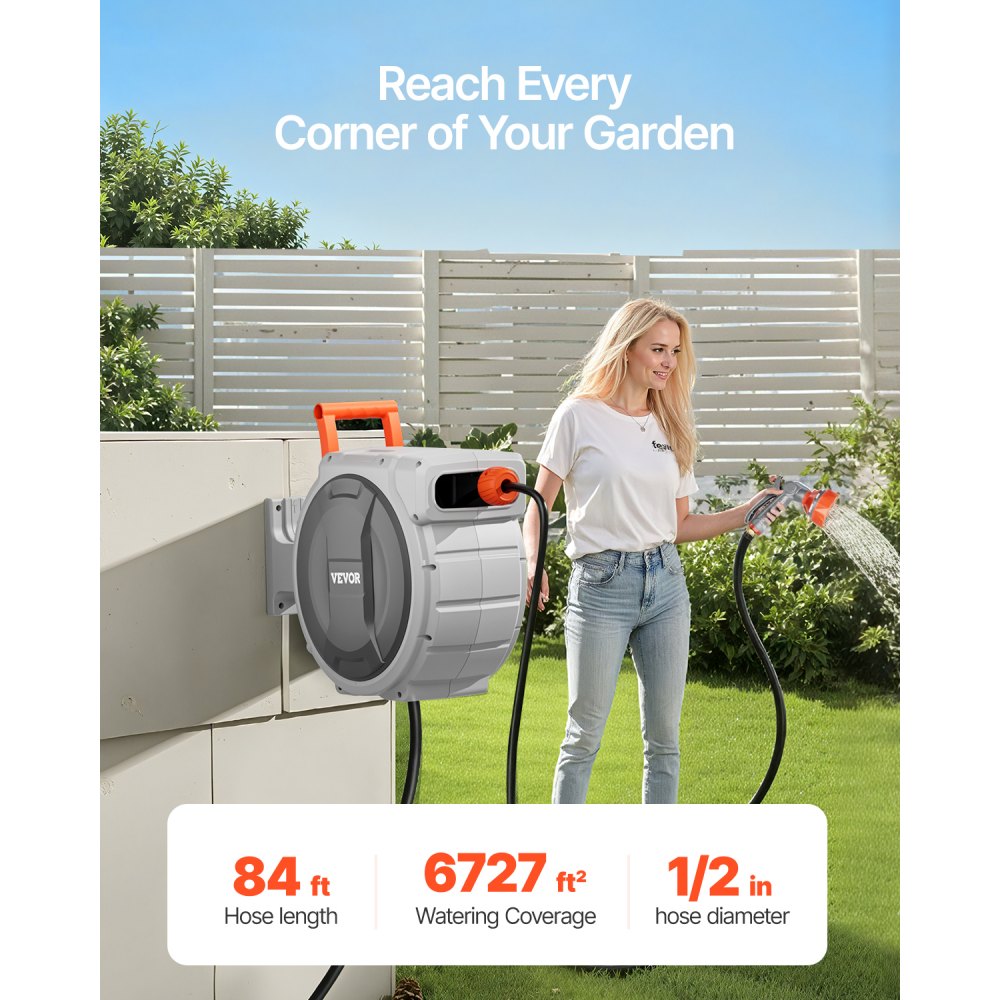 VEVOR Retractable Garden Hose Reel, 1/2 Inch x 84 ft Wall Mounted Hose Reel, Heavy Duty Garden Hose Reel with 9 Patterns Nozzle, Any Length Lock, Upgraded Slow Return System and 180°Swivel Bracket