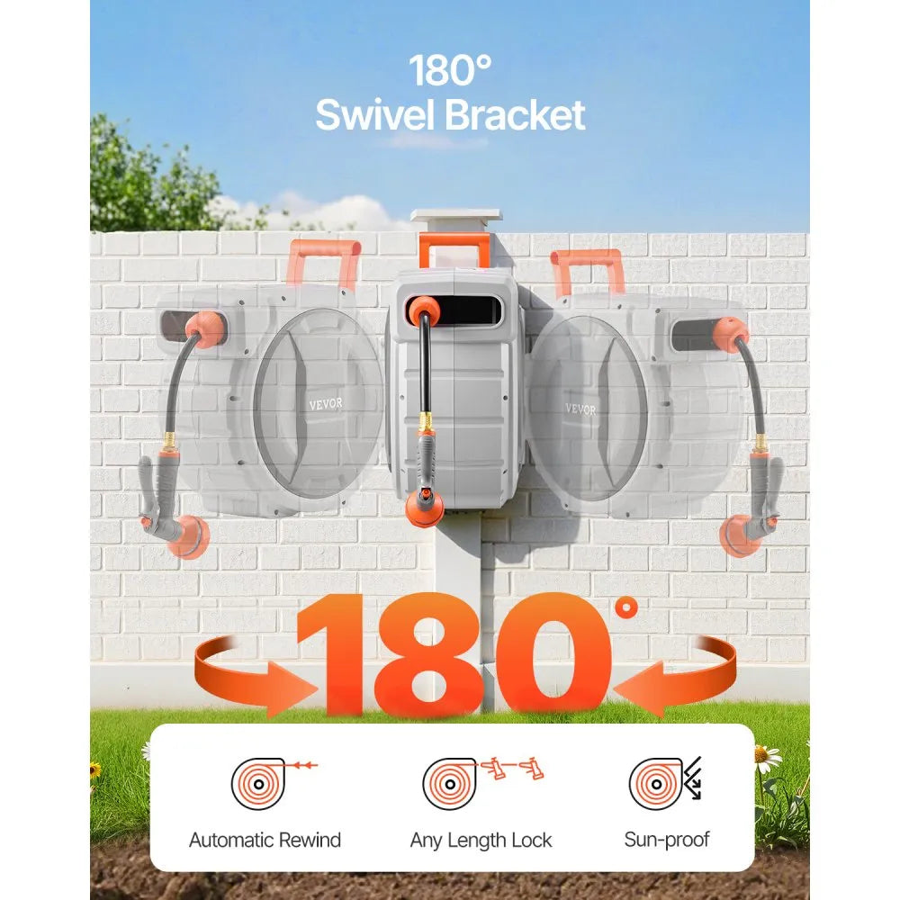 VEVOR Retractable Garden Hose Reel, 1/2 Inch x 84 ft Wall Mounted Hose Reel, Heavy Duty Garden Hose Reel with 9 Patterns Nozzle, Any Length Lock, Upgraded Slow Return System and 180°Swivel Bracket