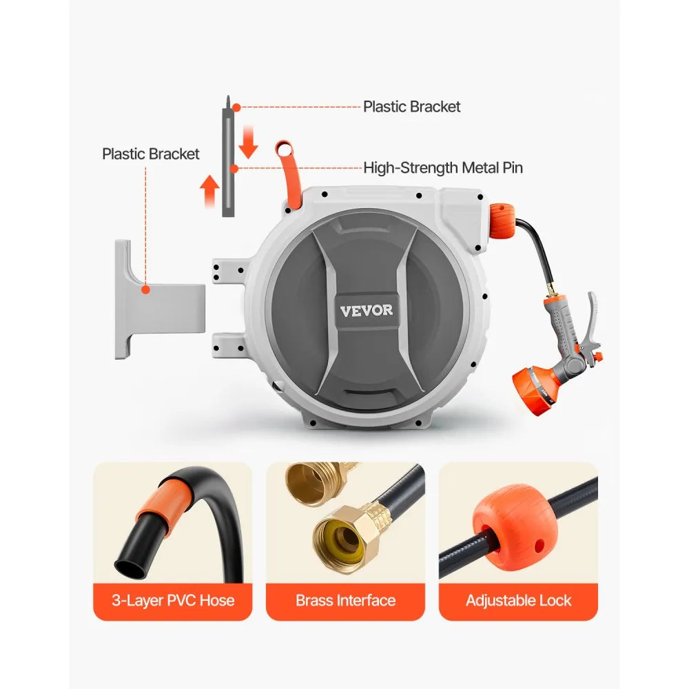 VEVOR Retractable Garden Hose Reel, 1/2 Inch x 84 ft Wall Mounted Hose Reel, Heavy Duty Garden Hose Reel with 9 Patterns Nozzle, Any Length Lock, Upgraded Slow Return System and 180°Swivel Bracket