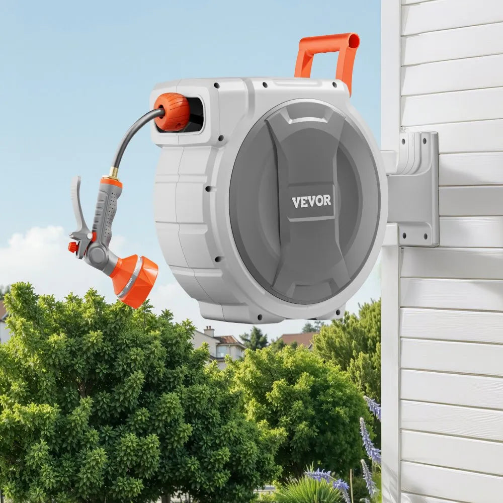 VEVOR Retractable Garden Hose Reel, 1/2 Inch x 84 ft Wall Mounted Hose Reel, Heavy Duty Garden Hose Reel with 9 Patterns Nozzle, Any Length Lock, Upgraded Slow Return System and 180°Swivel Bracket