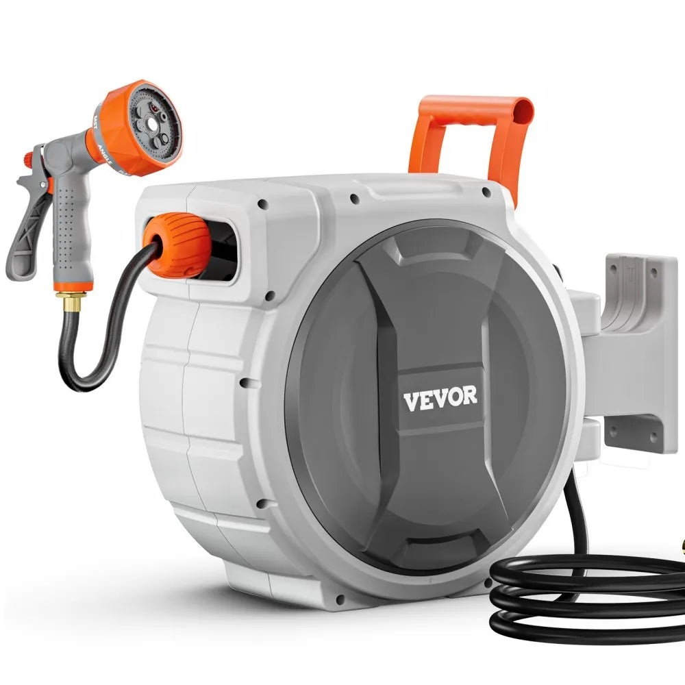 VEVOR Retractable Garden Hose Reel, 1/2 Inch x 84 ft Wall Mounted Hose Reel, Heavy Duty Garden Hose Reel with 9 Patterns Nozzle, Any Length Lock, Upgraded Slow Return System and 180°Swivel Bracket