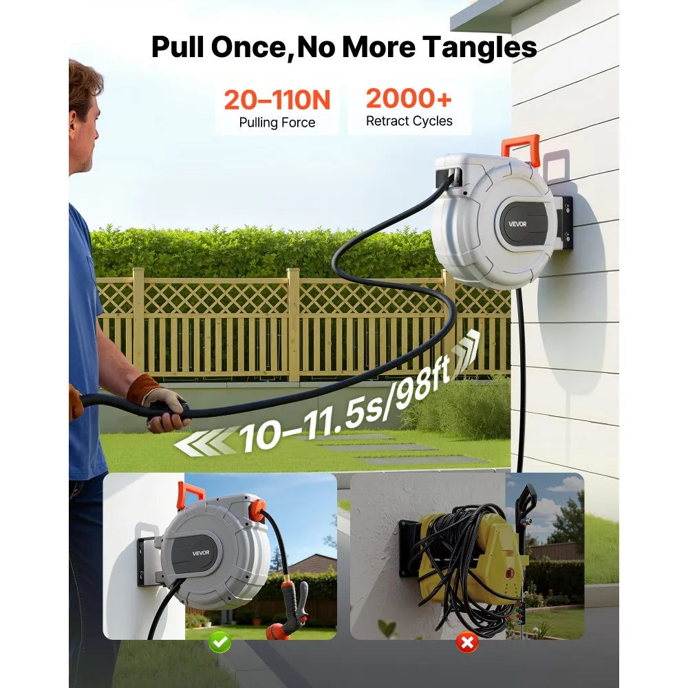 VEVOR Retractable Garden Hose Reel, 1/2 in x 50 ft, Wall Mounted Hose Reel with 9-Function Sprayer Nozzle and 180° Swivel Bracket, Any Length Lock, Automatic Slow Rewind System, for Garden Watering
