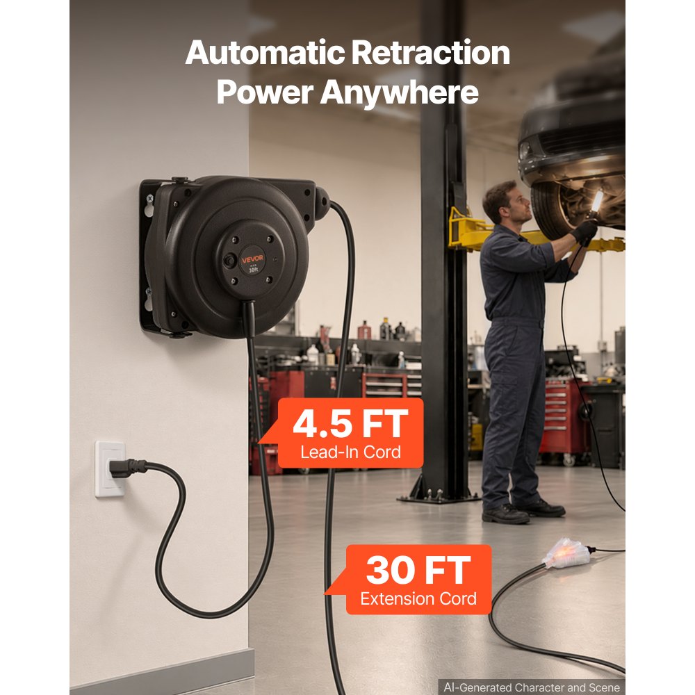 VEVOR Retractable Extension Cord Reel 30FT Heavy Duty 16AWG/3C SJTOW Black, for Ceiling/Wall Mount, 10A Circuit Breaker, Automatic Retractable Power Cord, Lighted Triple Tap, with 180° Swivel Bracket