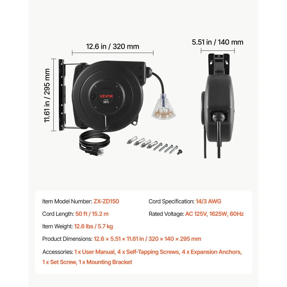 VEVOR Retractable Extension Cord Reel 50FT Heavy Duty 14AWG/3C SJTOW Black, for Ceiling/Wall Mount, 13A Circuit Breaker, Automatic Retractable Power Cord, Lighted Triple Tap, with 180° Swivel Bracket