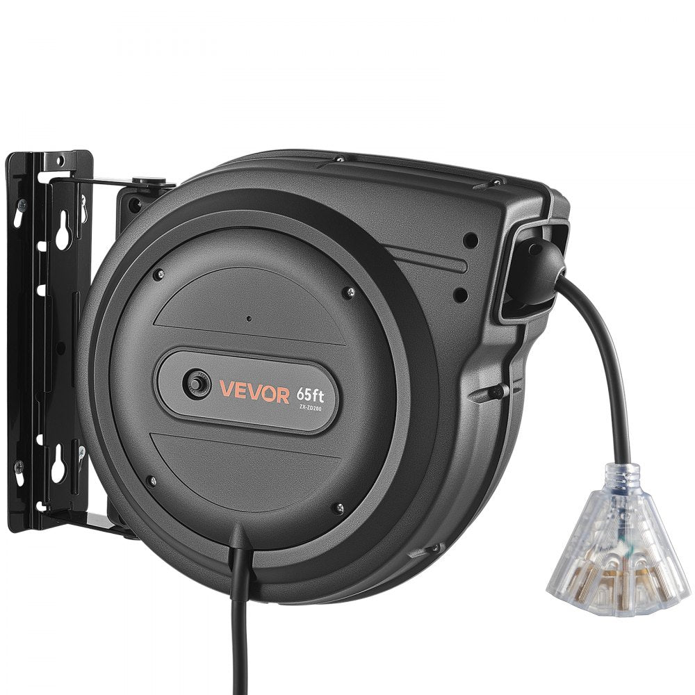 VEVOR Retractable Extension Cord Reel 65FT Heavy Duty 12AWG/3C SJTOW Black, for Ceiling/Wall Mount, 15A Circuit Breaker, Automatic Retractable Power Cord, Lighted Triple Tap, with 180° Swivel Bracket