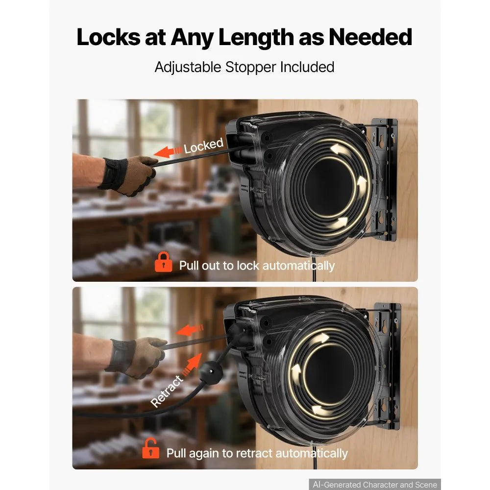 VEVOR Retractable Extension Cord Reel 80FT Heavy Duty 12AWG/3C SJTOW Black, for Ceiling/Wall Mount, 15A Circuit Breaker, Automatic Retractable Power Cord, Lighted Triple Tap, with 180° Swivel Bracket