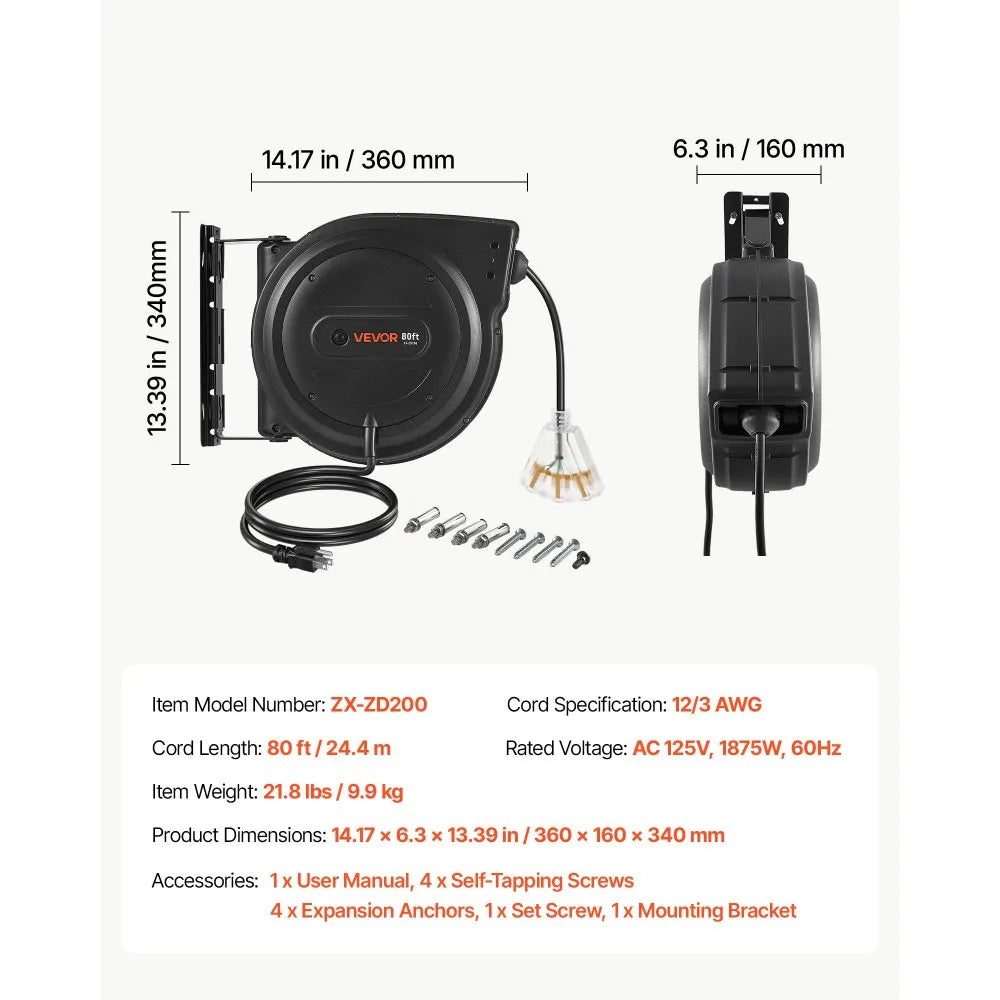 VEVOR Retractable Extension Cord Reel 80FT Heavy Duty 12AWG/3C SJTOW Black, for Ceiling/Wall Mount, 15A Circuit Breaker, Automatic Retractable Power Cord, Lighted Triple Tap, with 180° Swivel Bracket