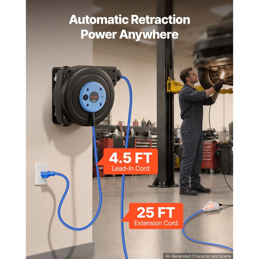 VEVOR Retractable Extension Cord Reel 25FT Heavy Duty 14AWG/3C SJTOW Blue, for Ceiling/Wall Mount, 13A Circuit Breaker, Automatic Retractable Power Cord, Lighted Triple Tap, with 180° Swivel Bracket