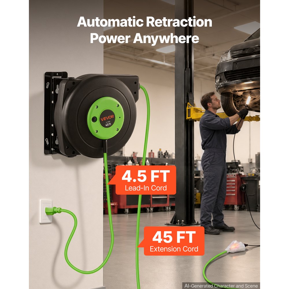 VEVOR Retractable Extension Cord Reel 45FT Heavy Duty 12AWG/3C SJTOW Green, for Ceiling/Wall Mount, 15A Circuit Breaker, Automatic Retractable Power Cord, Lighted Triple Tap, with 180° Swivel Bracket